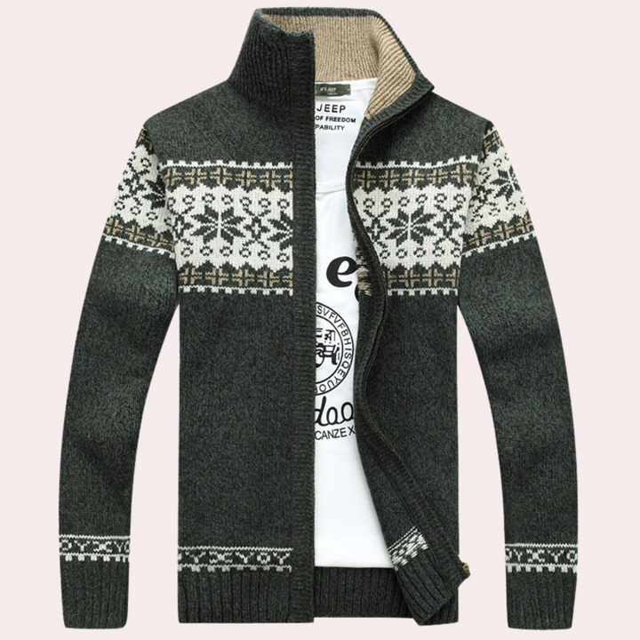 Detailed Fair Isle pattern men's zip-up jacket. Warm, stylish men's outerwear, great for cool weather fashion.