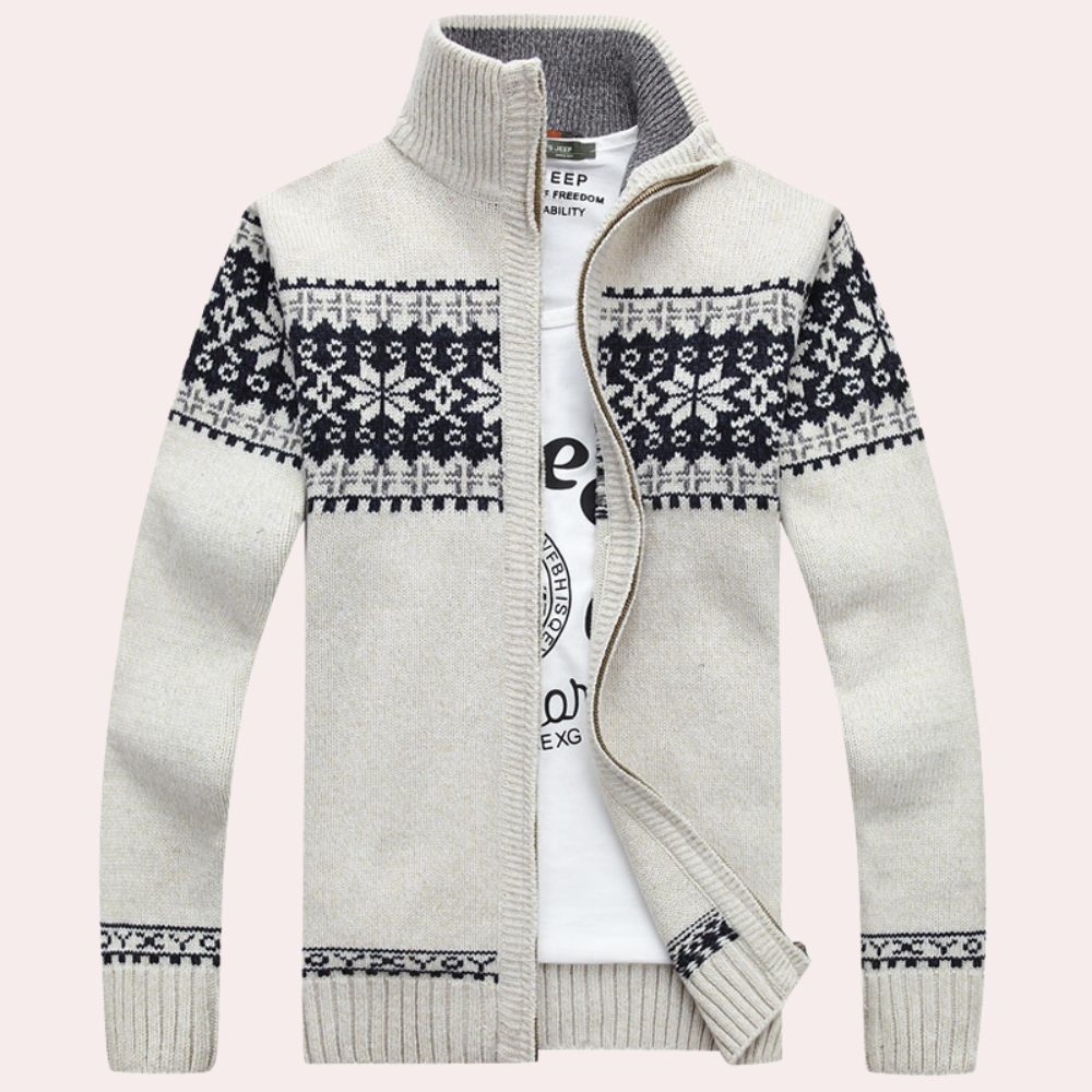 Stylish men's Fair Isle zip-up jacket. A cozy patterned outerwear piece for versatile winter & fall fashion.