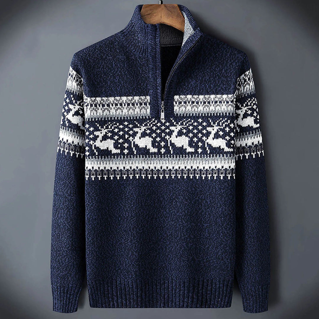 Men's festive Fair Isle quarter-zip sweater, a cozy pullover perfect for holiday parties & winter fashion.