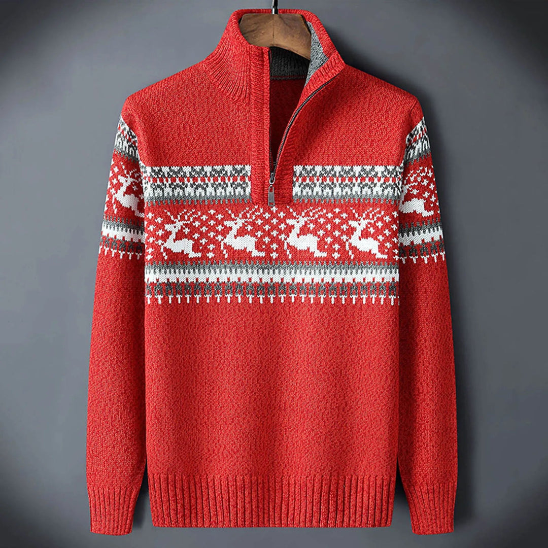 Warm men's Fair Isle quarter-zip pullover sweater, ideal Christmas sweater for festive wear & casual winter style.