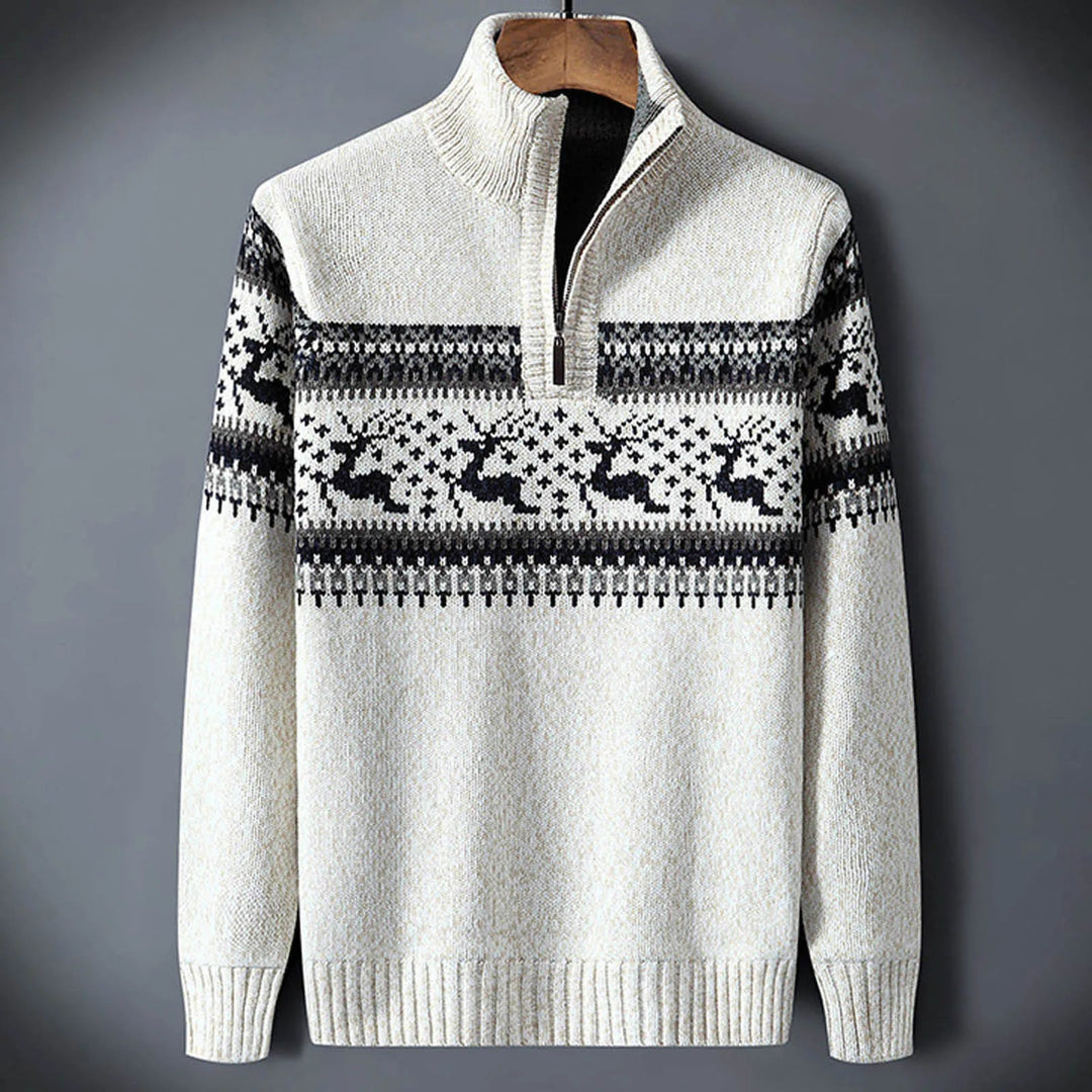 Cozy men's quarter-zip Fair Isle sweater, a stylish holiday pullover for men's winter apparel & festive occasions.