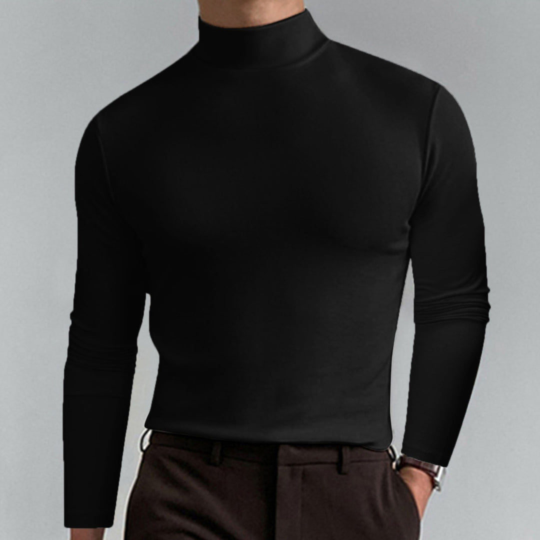 Showcasing the texture of this men's casual wear turtleneck sweater.