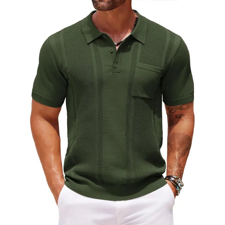 Textured fine knit men's polo shirt, short sleeve, regular fit, comfortable for versatile modern style.