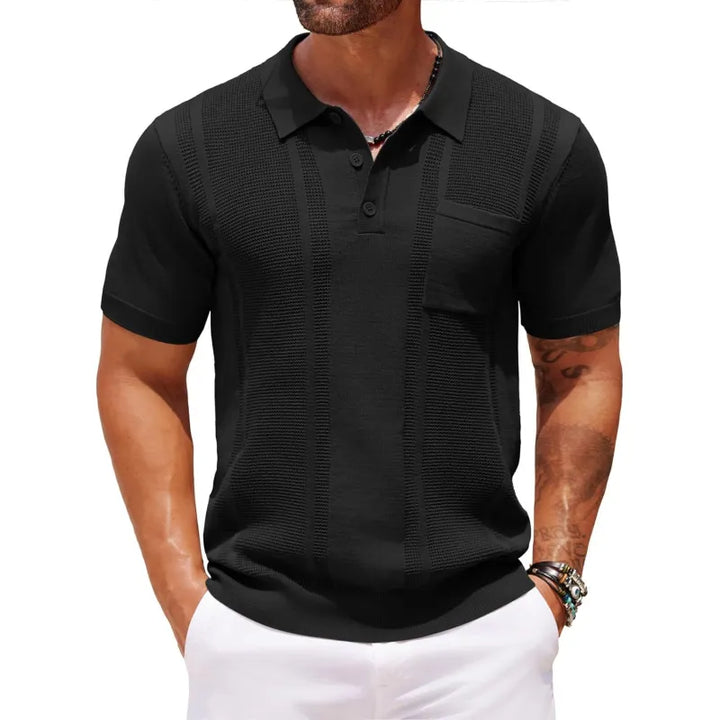 Men's smart casual fine knit polo shirt with subtle texture, short sleeve, perfect for modern everyday wear.