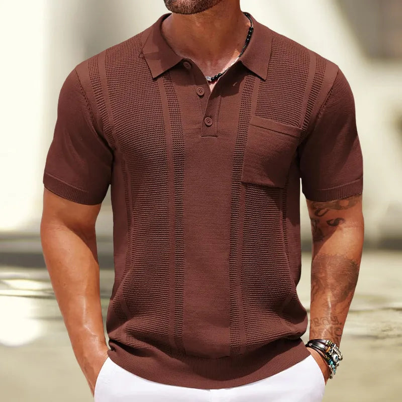 Stylish men's fine knit textured polo shirt, short sleeve, perfect for a smart casual and modern look.