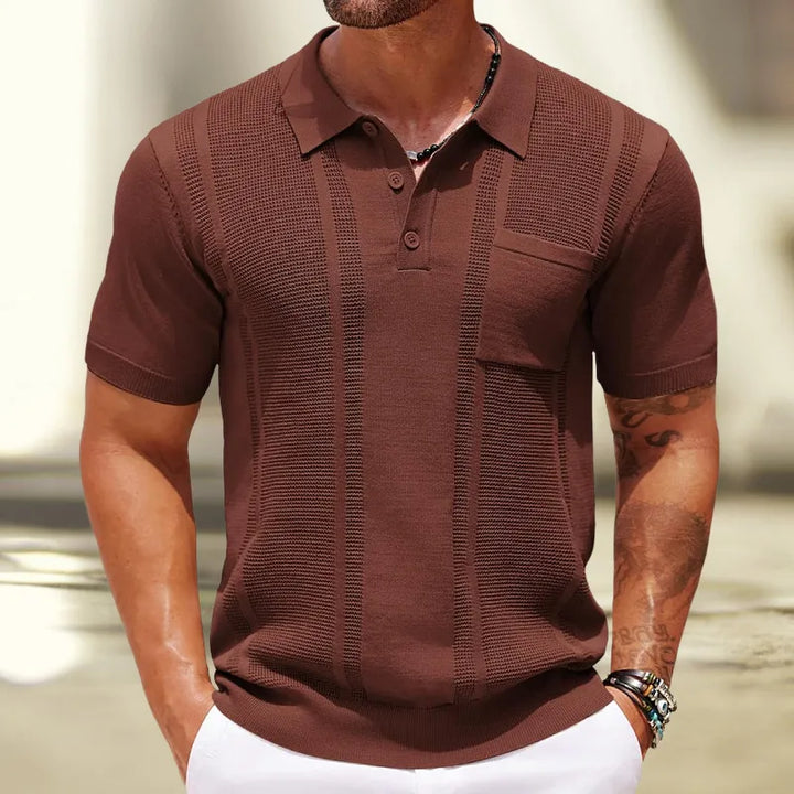 Stylish men's fine knit textured polo shirt, short sleeve, perfect for a smart casual and modern look.