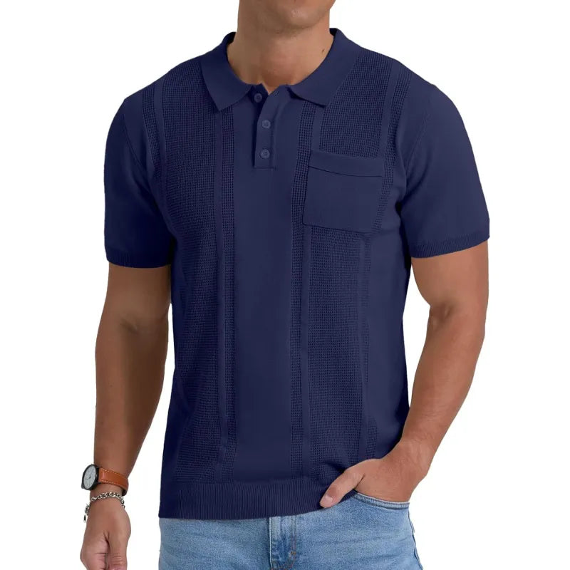 Regular fit men's textured knit polo, short sleeve, smart casual top for modern versatile everyday apparel.