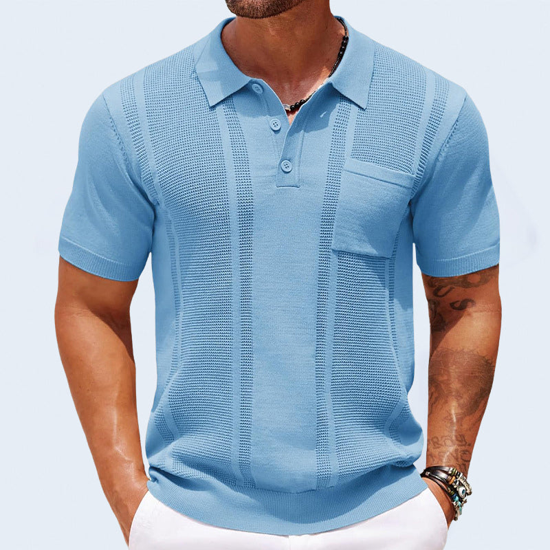 Men's Finley textured knit polo shirt with short sleeves and chest pocket.