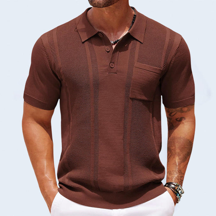 Stylish men's short sleeve polo shirt in a textured knit fabric.