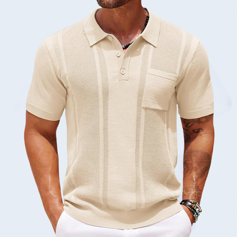 Close-up of the chest pocket detail on the men's Finley knit polo shirt.