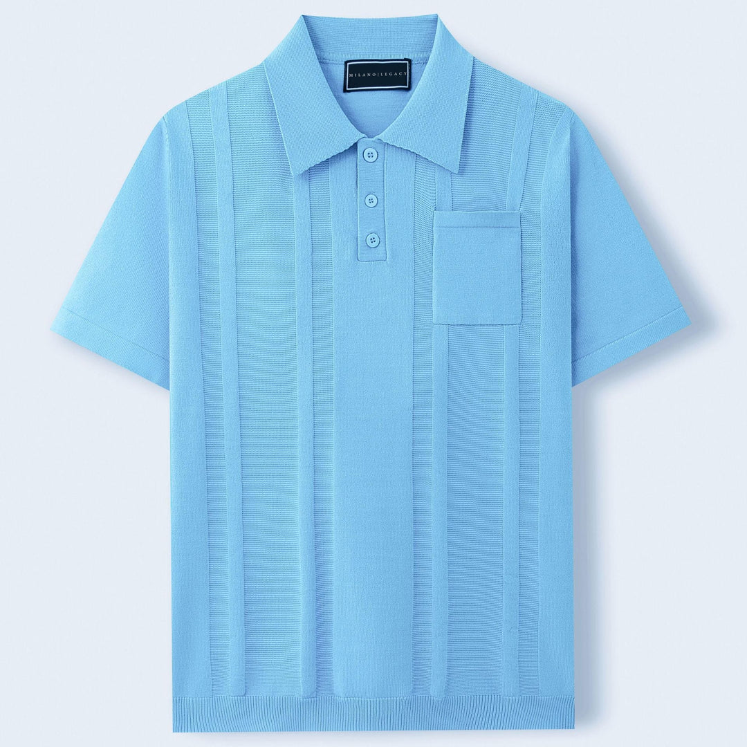 Men's tailored fit textured polo shirt with a classic chest pocket.