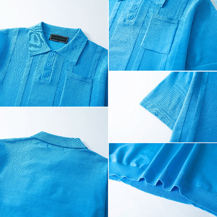 Versatile men's knit polo with chest pocket, ideal for warm weather.