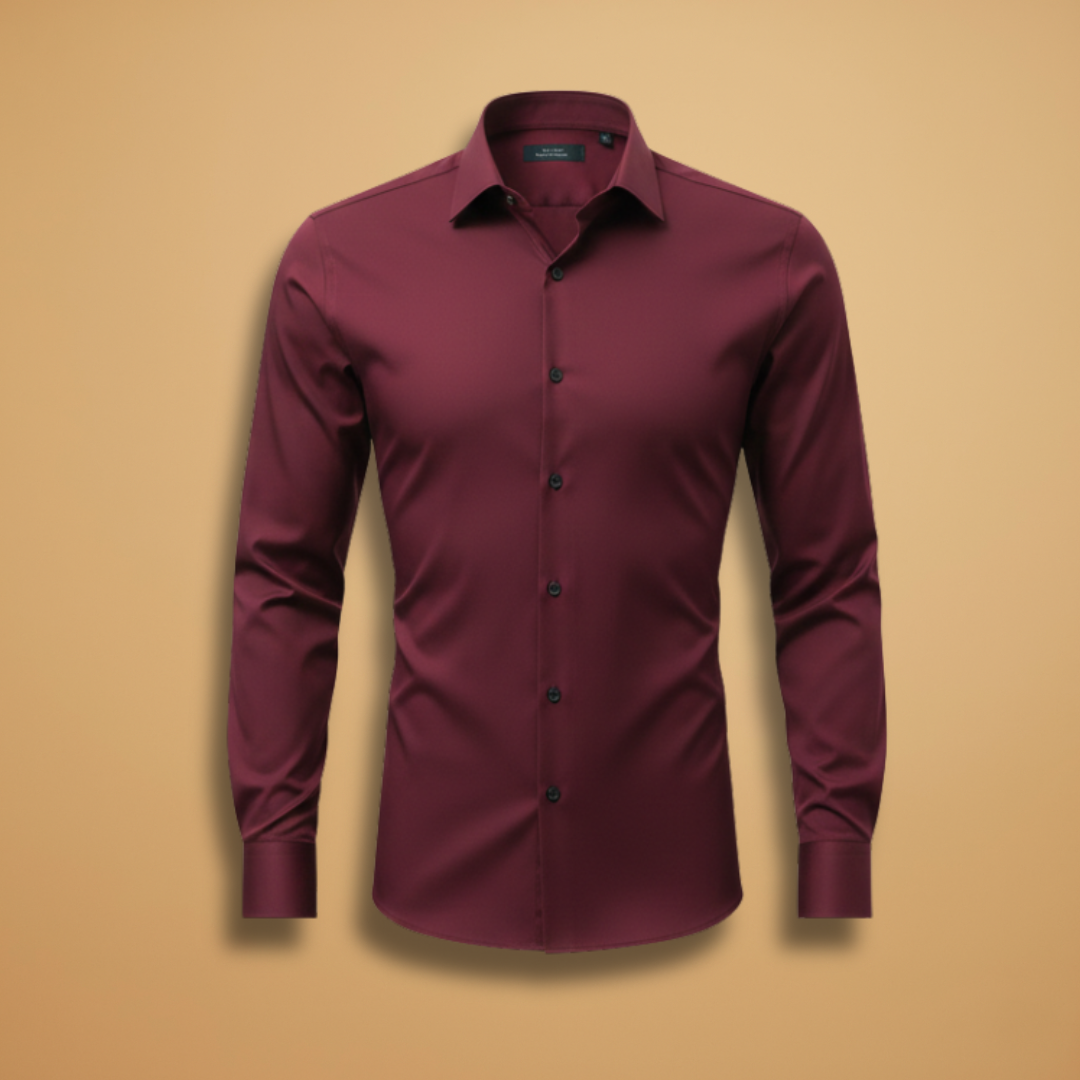 Men's fitted long sleeve button down shirt with structured collar in classic style.