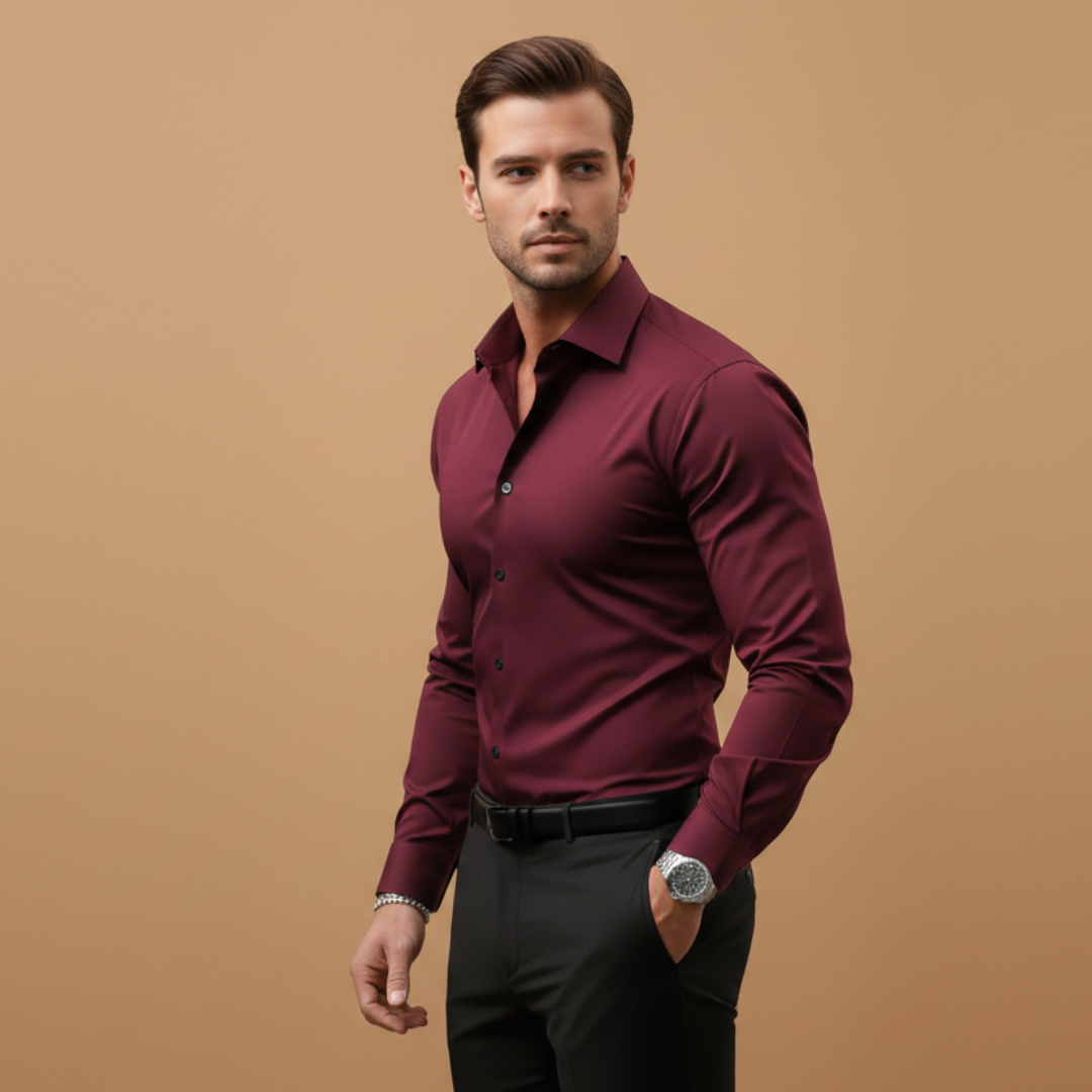 Tailored fit men's shirt featuring a smart structured collar and long sleeves.