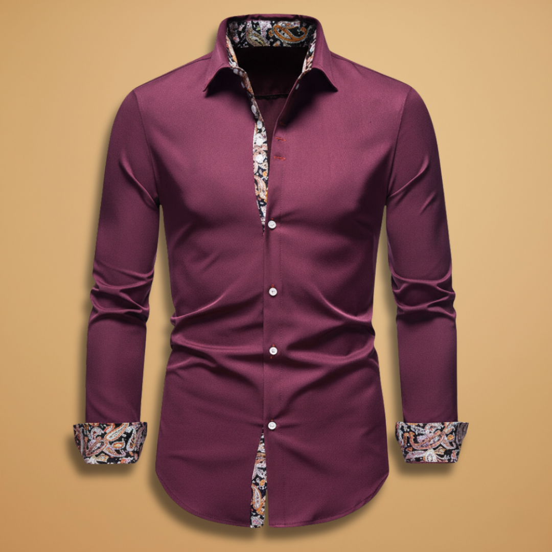 Men's fitted shirt, long sleeve, with stylish patterned collar & cuffs. Smart casual button-up dress shirt.