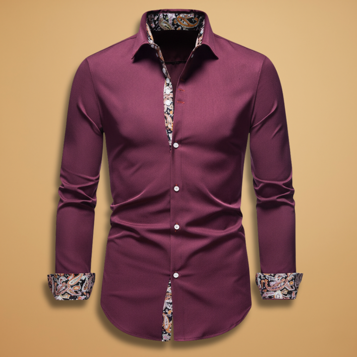Men's fitted shirt, long sleeve, with stylish patterned collar & cuffs. Smart casual button-up dress shirt.