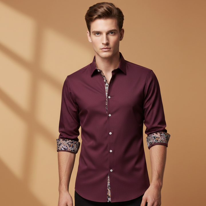 Red men's fitted shirt, long sleeve, with stylish patterned collar & cuffs. Smart casual button-up for men.