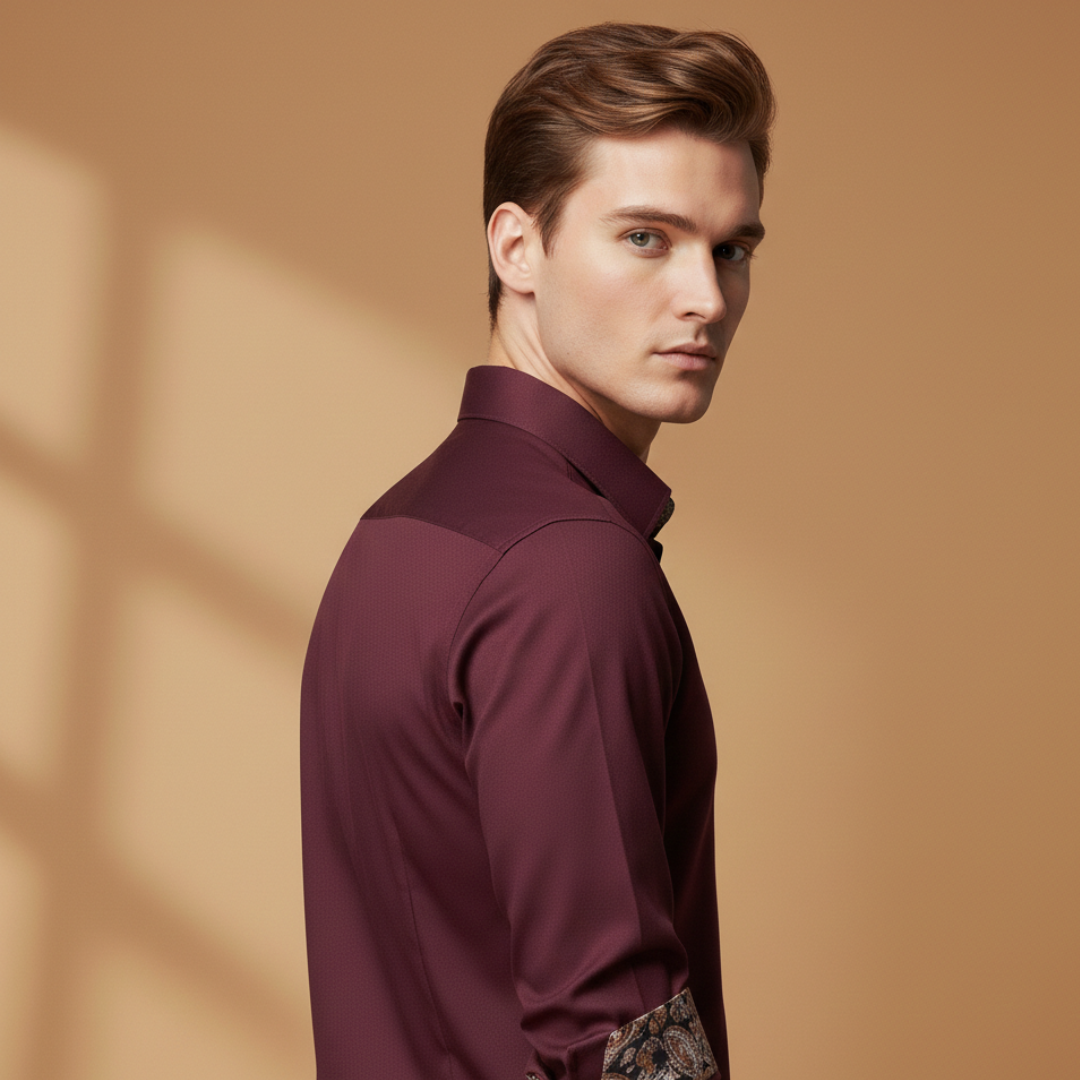 Navy blue men's fitted shirt, long sleeve, with stylish patterned collar & cuffs. Smart casual button-up.