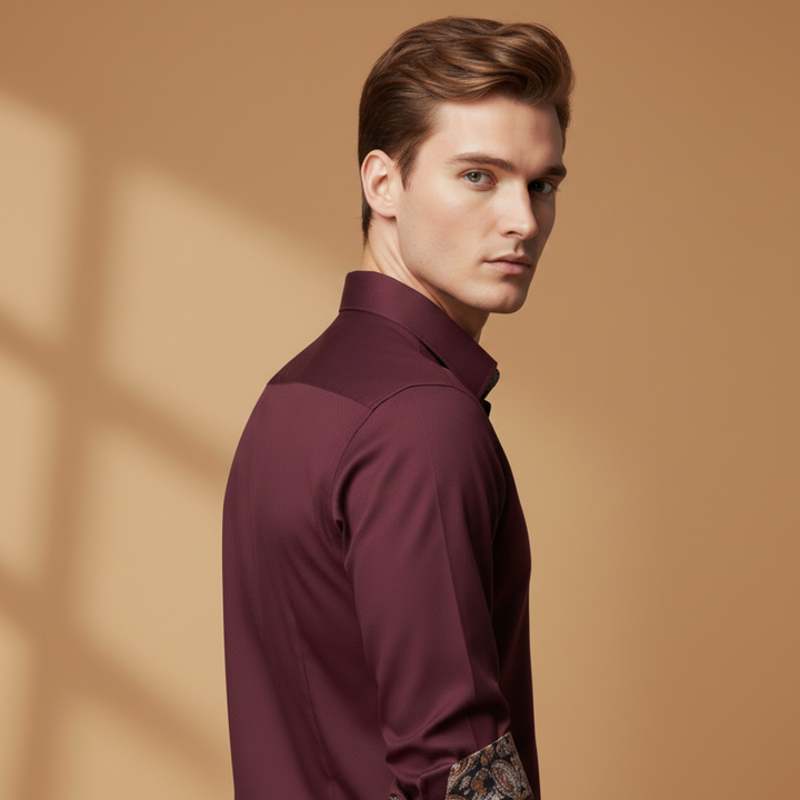 Navy blue men's fitted shirt, long sleeve, with stylish patterned collar & cuffs. Smart casual button-up.