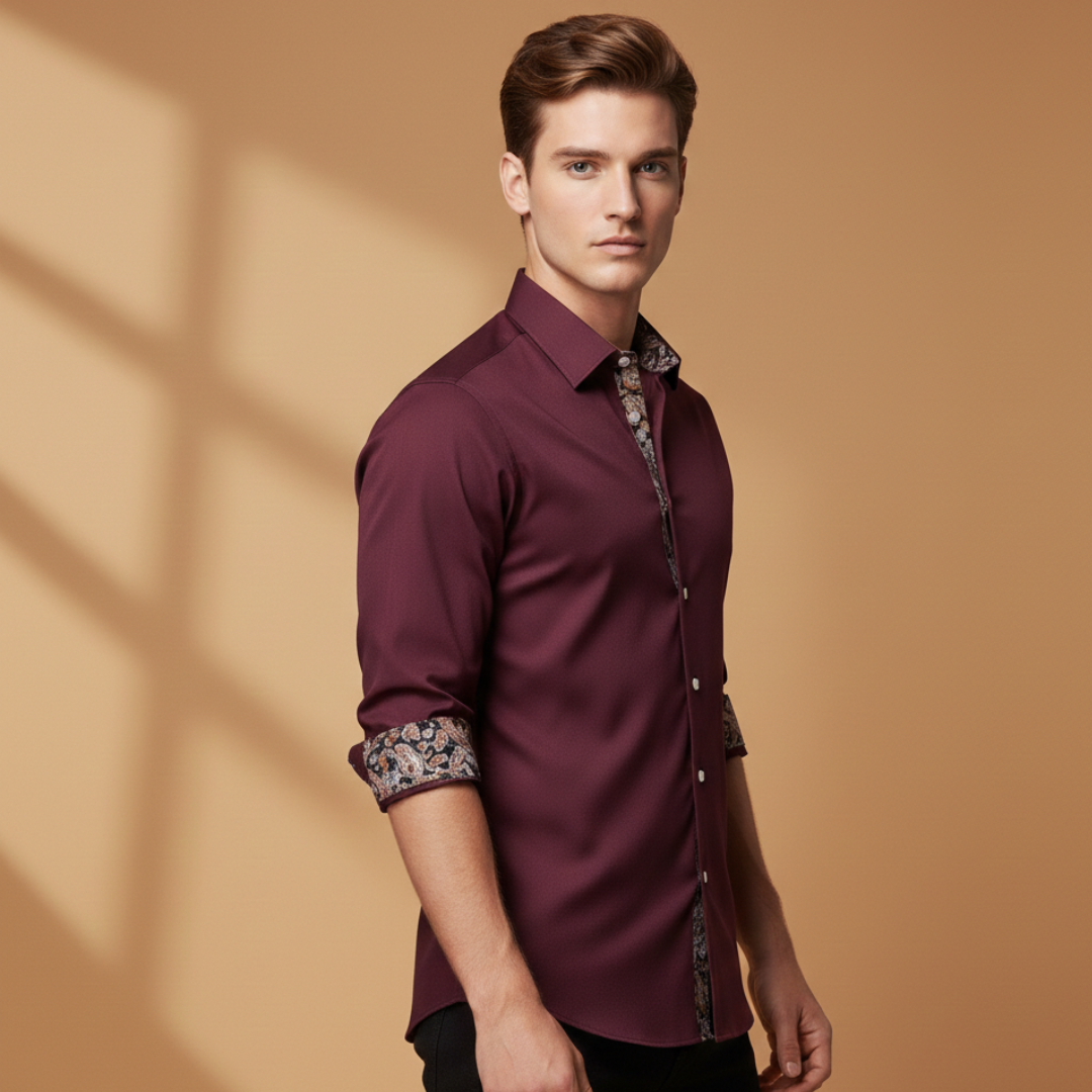 Black men's fitted shirt, long sleeve, with stylish patterned collar & cuffs. Smart casual button-up.