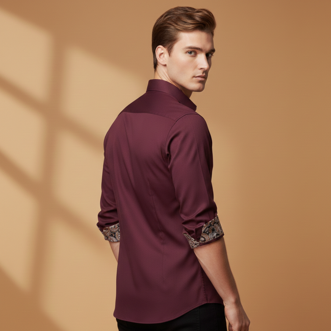 Close-up of patterned collar & cuffs on a men's fitted long sleeve dress shirt. Stylish smart casual button-up.