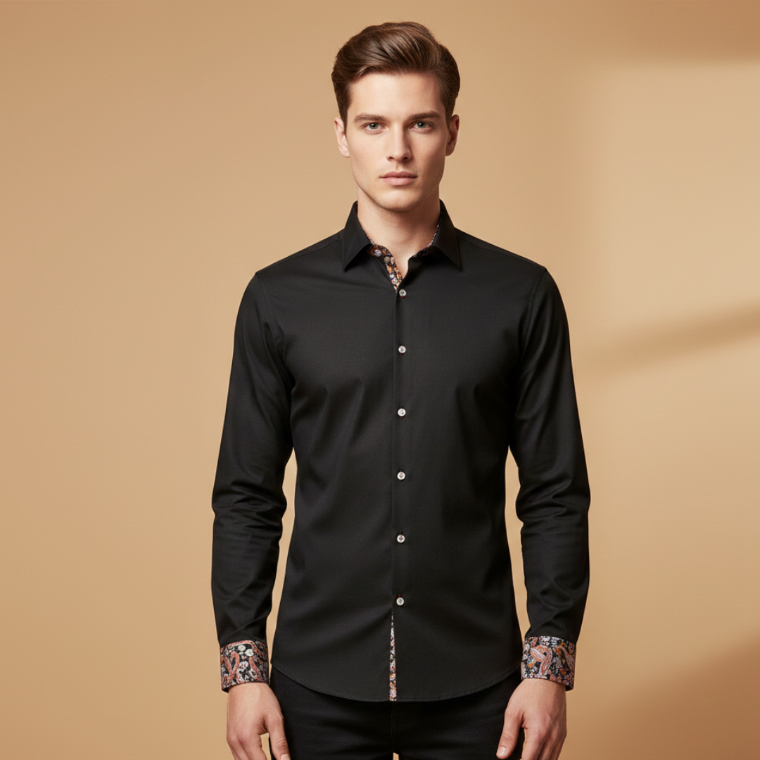 Men's fitted long sleeve shirt, smart casual, with a stylish patterned collar & cuffs. Button-up for any occasion.