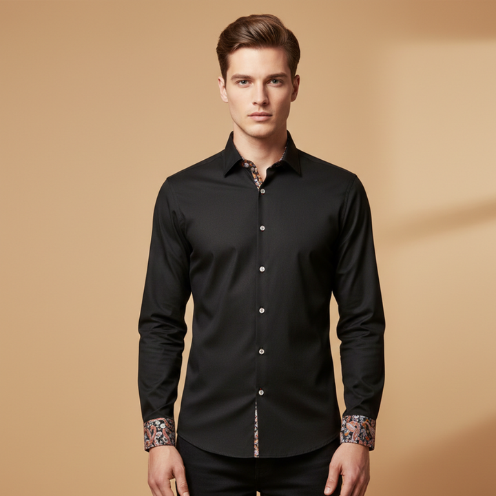 Men's fitted long sleeve shirt, smart casual, with a stylish patterned collar & cuffs. Button-up for any occasion.