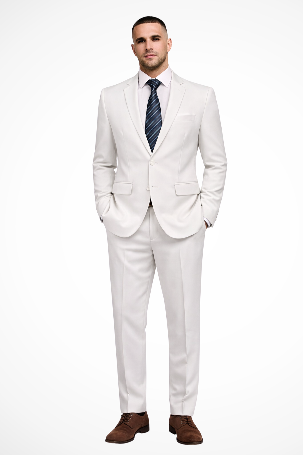 Men's fitted two-piece wedding guest suit with classic notch lapel