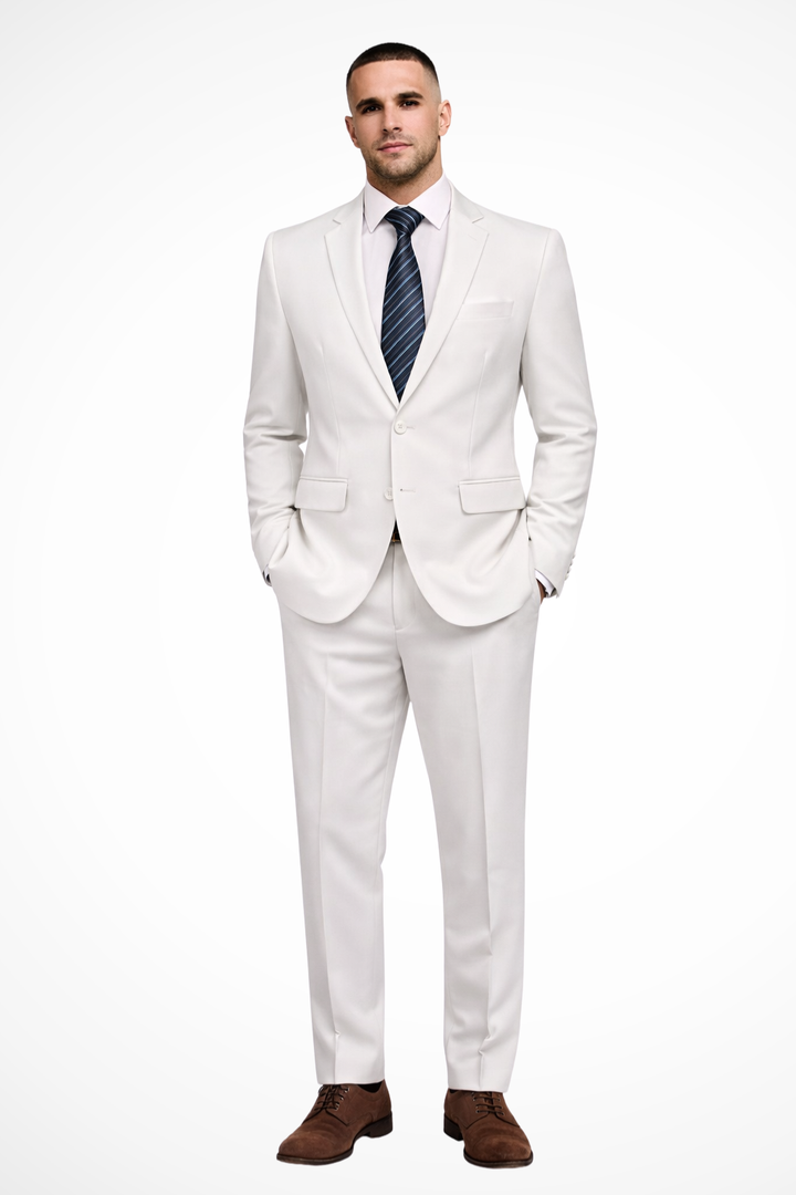Men's fitted two-piece wedding guest suit with classic notch lapel