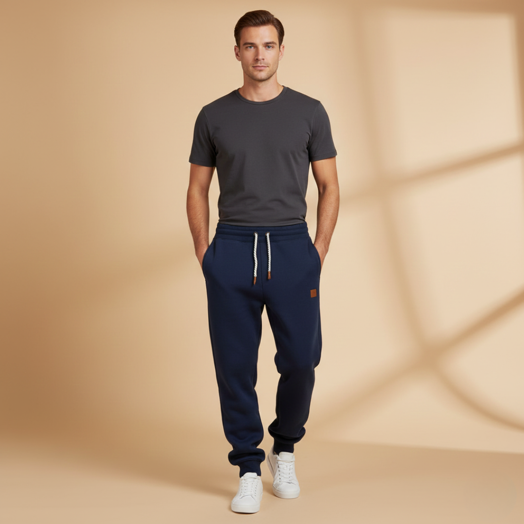 Close-up of the soft fleece lining inside men's comfortable winter joggers.