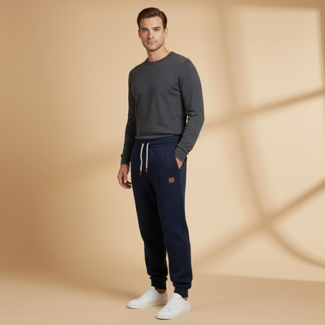 Men's casual grey sweatpants featuring ribbed cuffs and tapered fit.