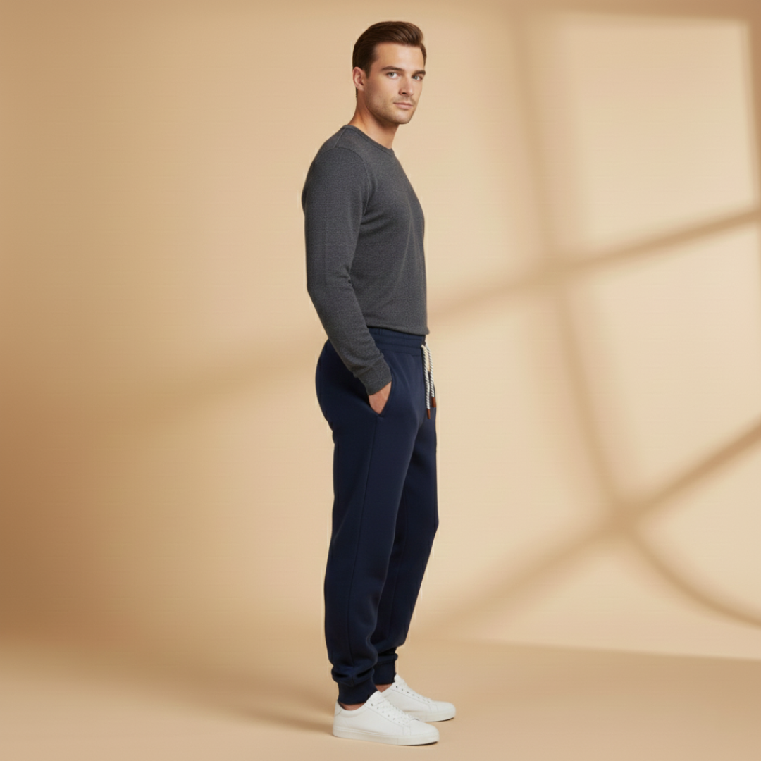 Athletic wear: Men's fleece pants with adjustable drawstring waist.