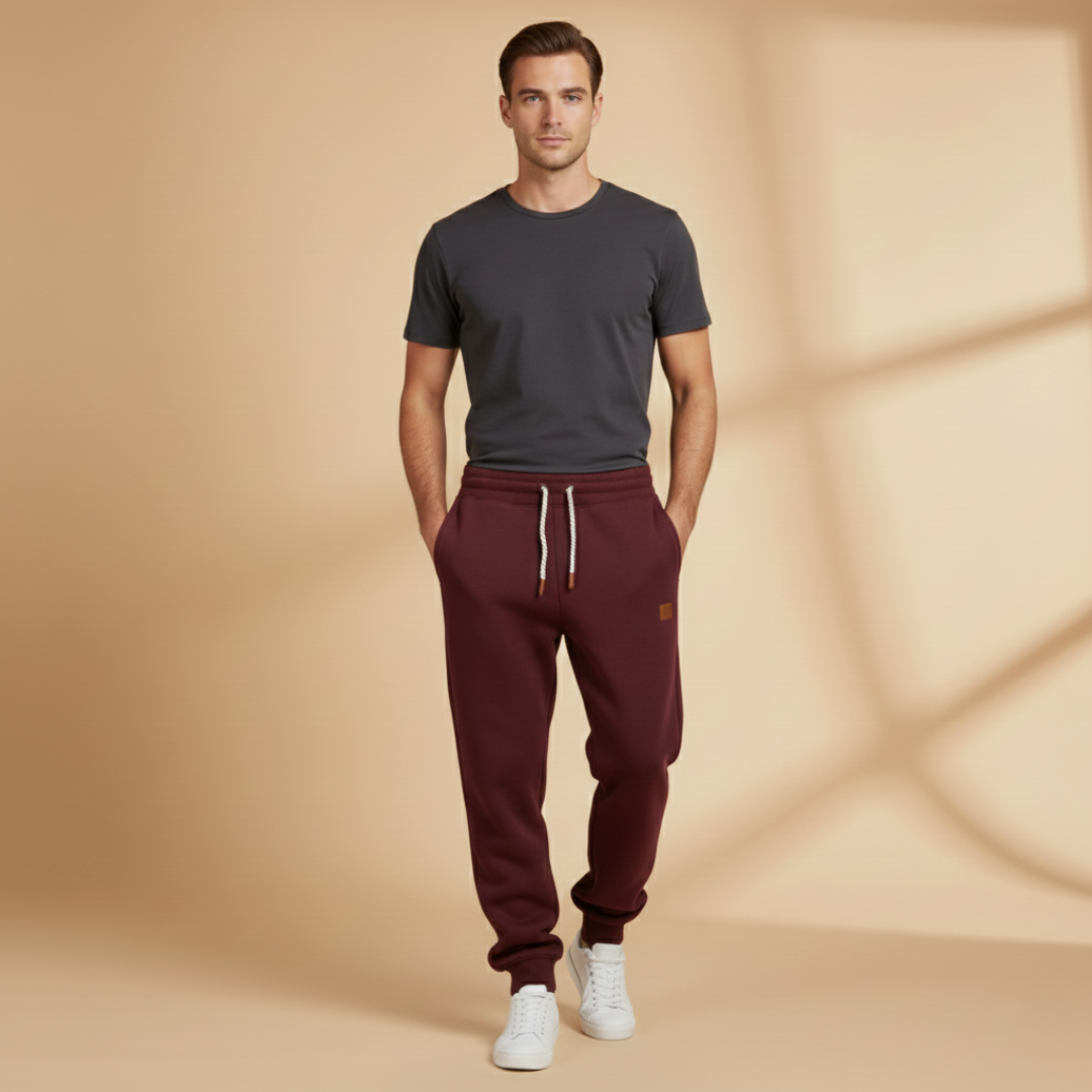 Model wearing men's comfortable fleece lined sweatpants for casual outings.