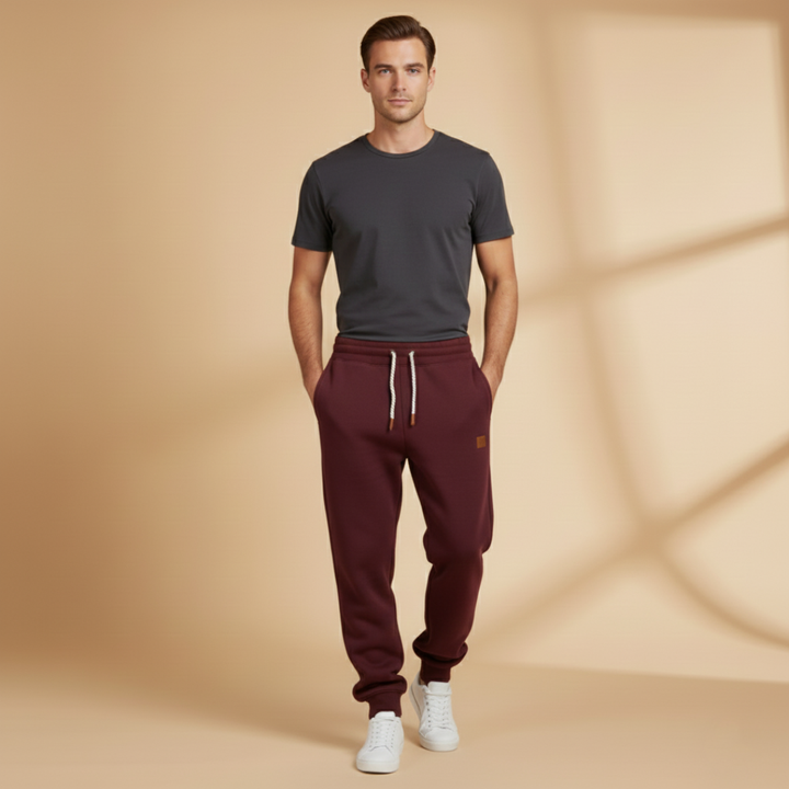 Model wearing men's comfortable fleece lined sweatpants for casual outings.