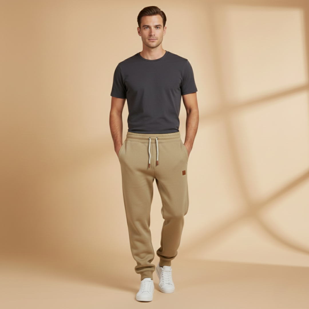 Men's black joggers with elastic waistband, perfect for cold weather.