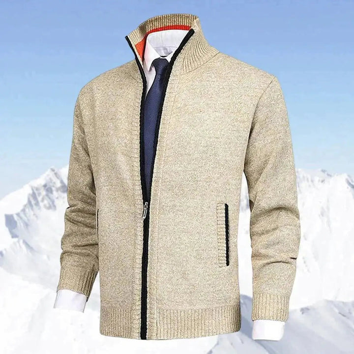 Men's fleece-lined zip-up knit cardigan jumper with a stylish stand collar for winter warmth.