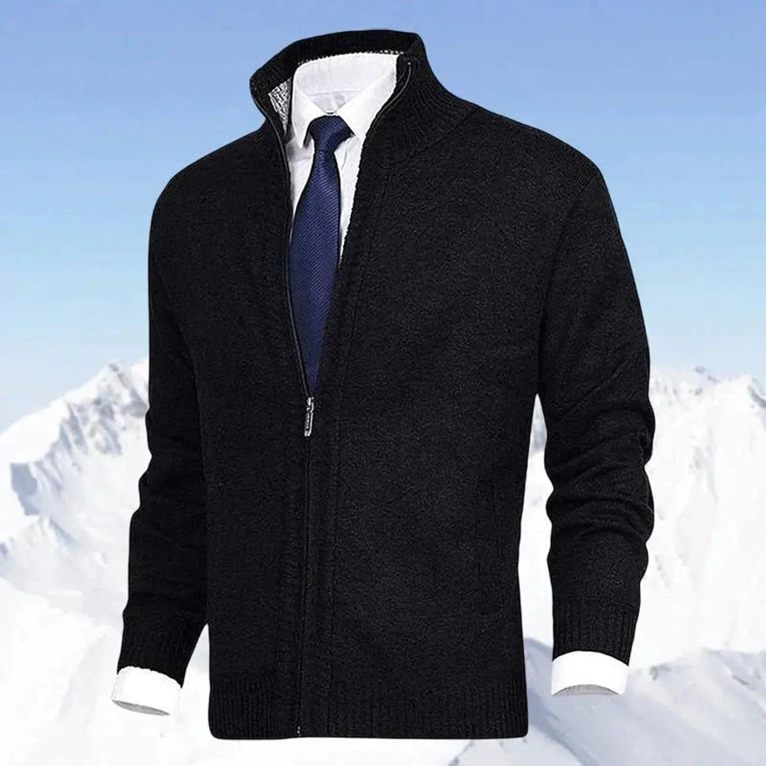 Men's smart casual knit cardigan. Fleece-lined zip jumper with a modern stand collar design.