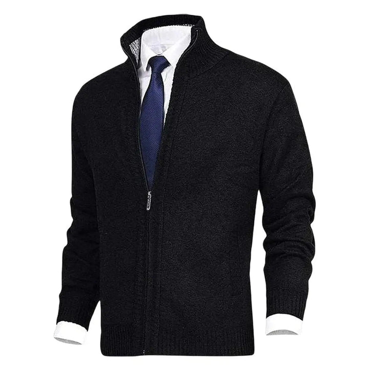 Durable men's fleece-lined knit cardigan. Zip-up jumper with stand collar, perfect for daily wear.