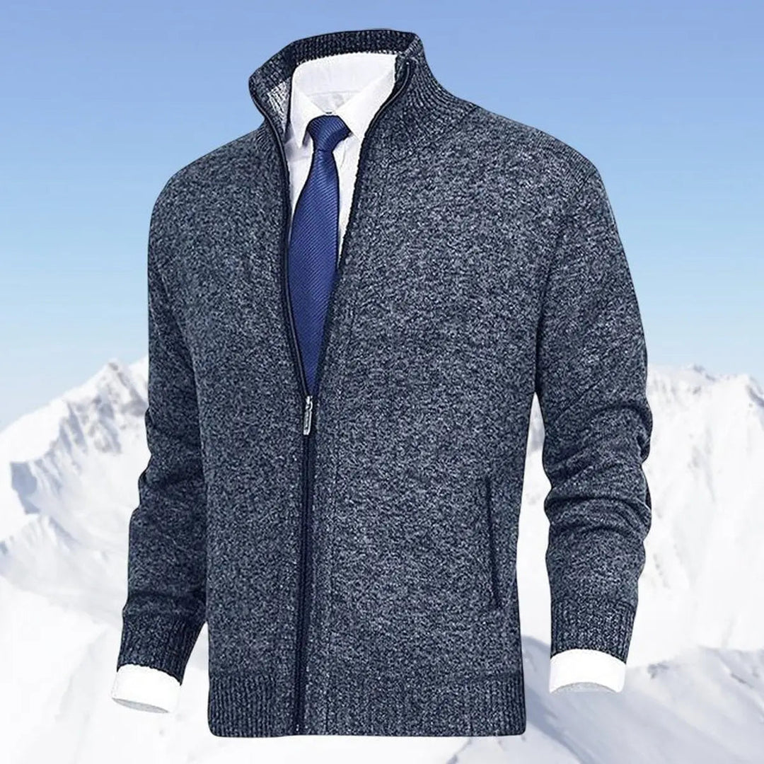 Premium men's knit zip cardigan. Stand collar jumper, fleece-lined for warmth & a refined look.