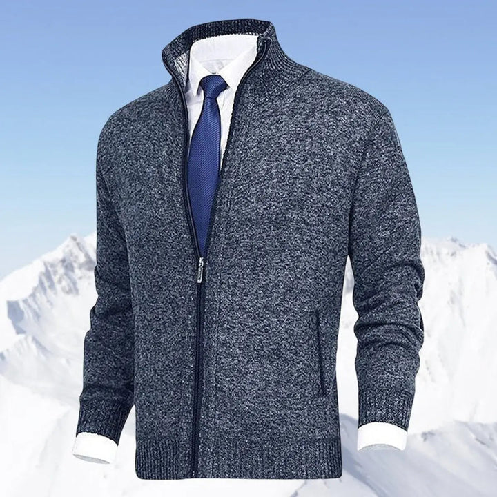 Premium men's knit zip cardigan. Stand collar jumper, fleece-lined for warmth & a refined look.