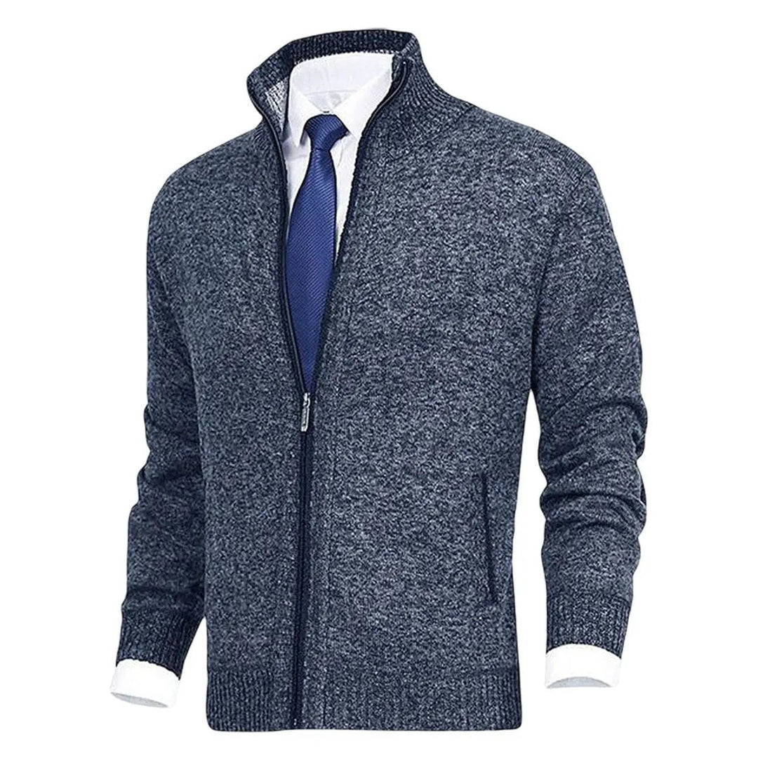 Modern men's knit zip-up cardigan. Stand collar, fleece-lined jumper, great for versatile styling.