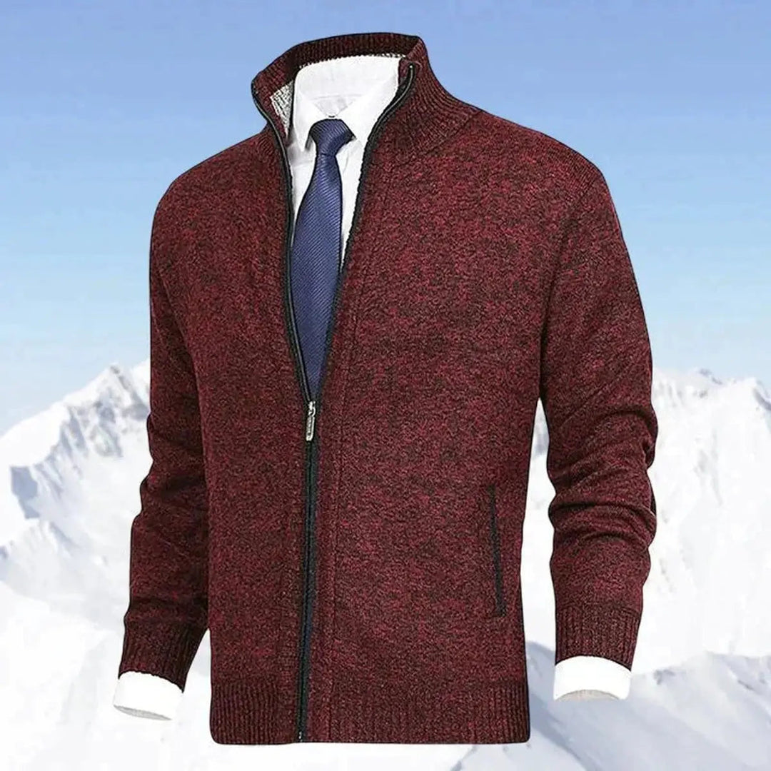 Elevate your style with this men's fleece-lined knit cardigan jumper, featuring a stand collar & zip.
