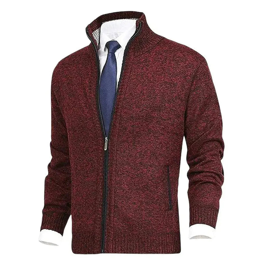 Men's sophisticated fleece-lined knit cardigan. Zip-up jumper with a sharp stand collar detail.