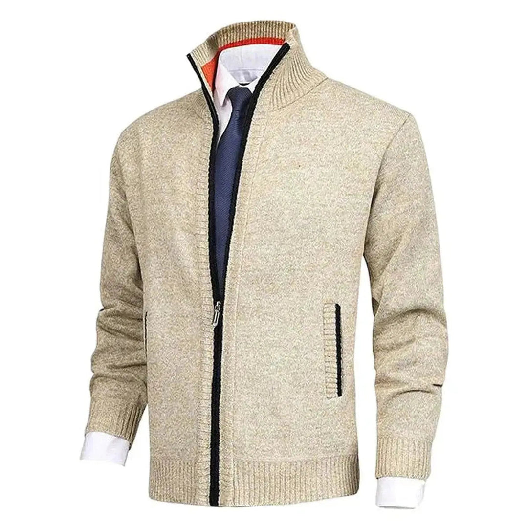 Smart casual men's knitwear: a versatile zip cardigan jumper with a cozy fleece lining.