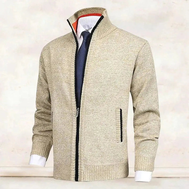 Stylish men's stand collar knit cardigan. Warm fleece-lined jumper, perfect for layered winter fashion.