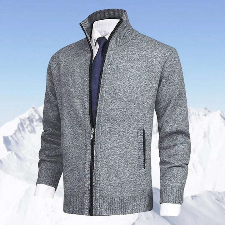 Comfortable men's zip-up knit jumper. Fleece-lined stand collar cardigan, ideal for cold weather.