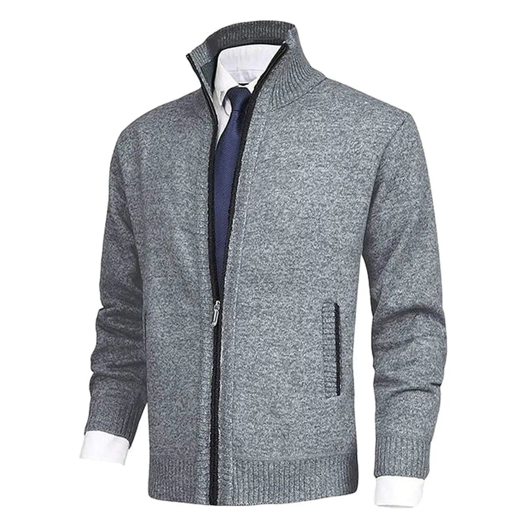 Versatile men's fleece-lined cardigan. Knit jumper with zip closure & stand collar for smart casual look.