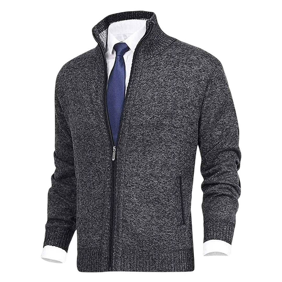 Fashionable men's knitwear. Fleece-lined zip cardigan jumper with a sleek stand collar.