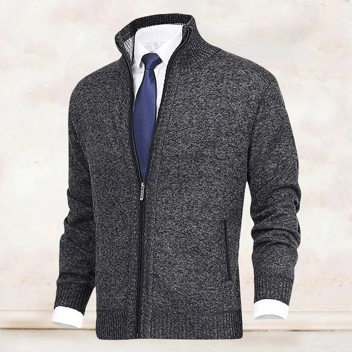 Layered look men's zip-up cardigan. Knit jumper with stand collar & cozy fleece lining for winter.