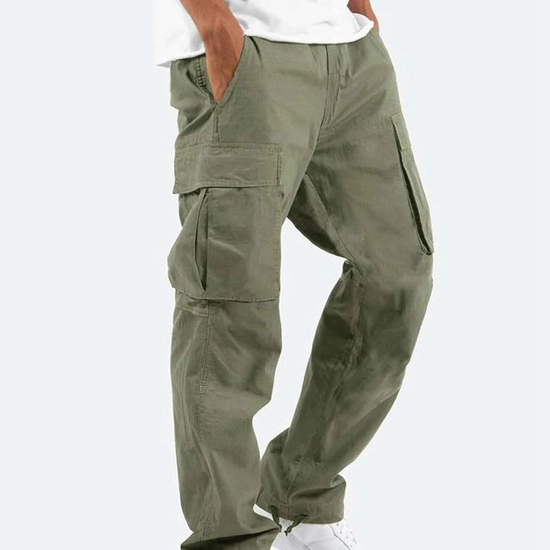 Men's flexible grey cargo pants, offering ultimate comfort for casual and outdoor wear with multi-pockets.